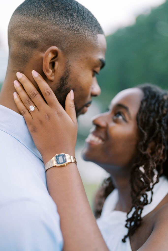 A close-up of Agnes’s engagement ring alongside the couple’s matching gold Casio watches, captured during their engagement session at Union Grove Barn in Chapel Hill, North Carolina by North Carolina wedding photographer Jessica Leigh Mason.