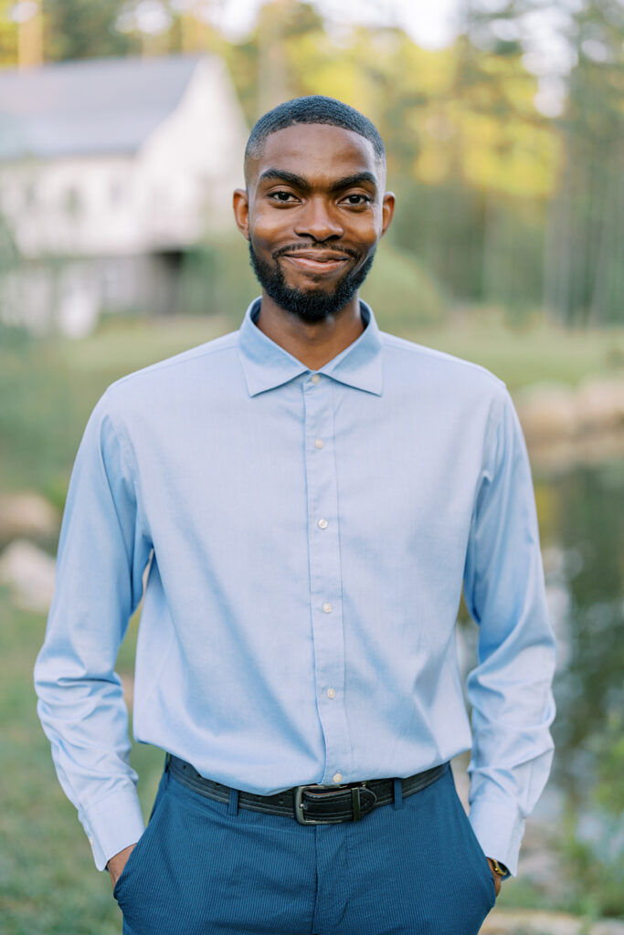 A portrait of Uzo during the engagement session at Union Grove Barn in Chapel Hill, North Carolina, captured by Durham wedding photographer Jessica Leigh Mason.