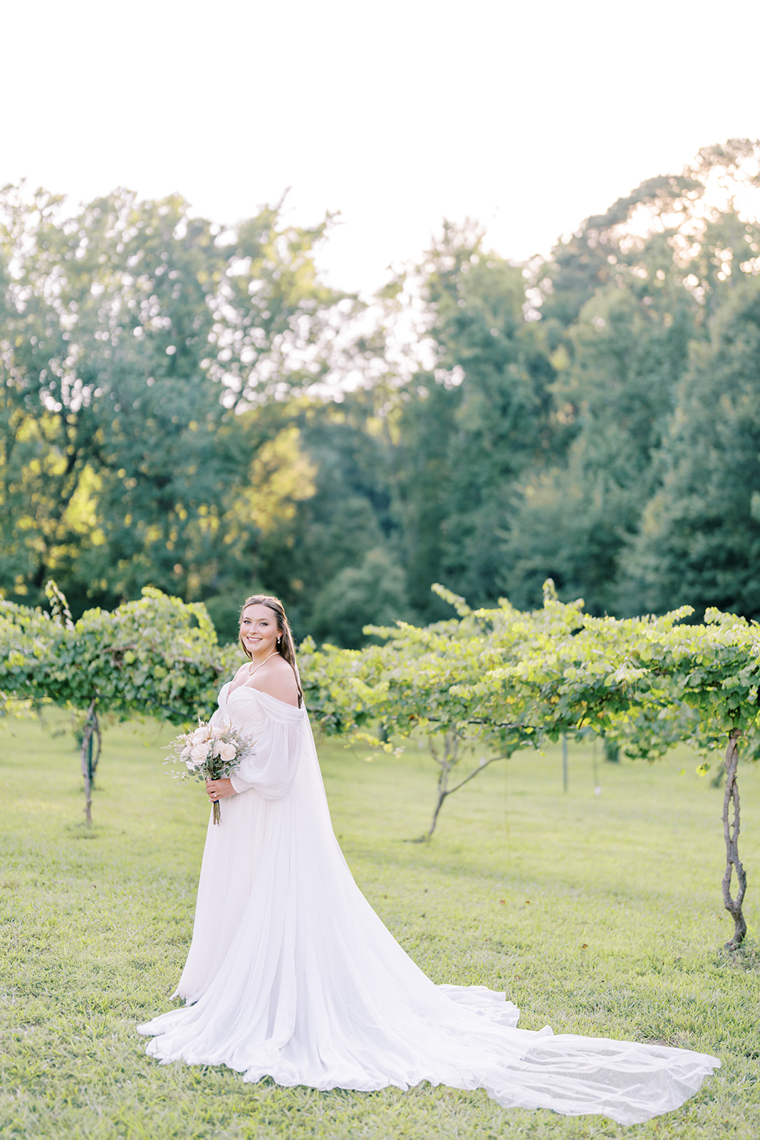 A full-length portrait of the bride with her veil trailing gracefully behind her among the vineyard rows at The Vines of Lexington in South Carolina, captured by Durham wedding photographer Jessica Leigh Mason.