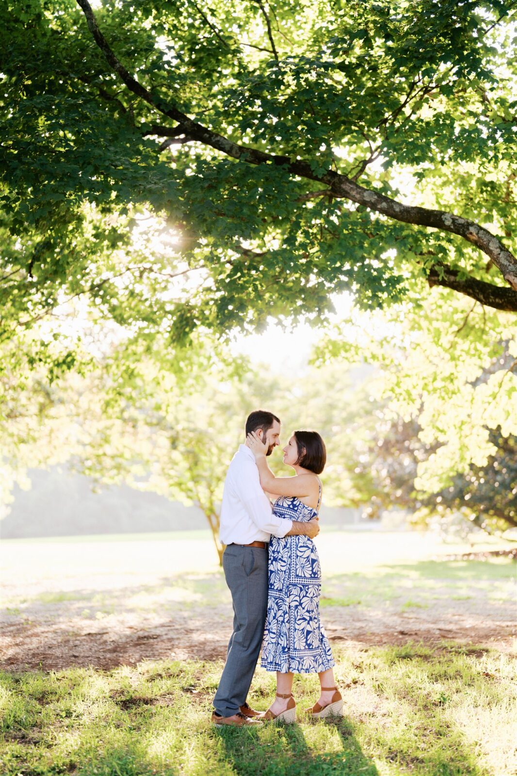 Silhouette of Katie and Sam under the trees at Ayr Mount in Hillsborough NC, captured in film-inspired golden light during their anniversary photo session.