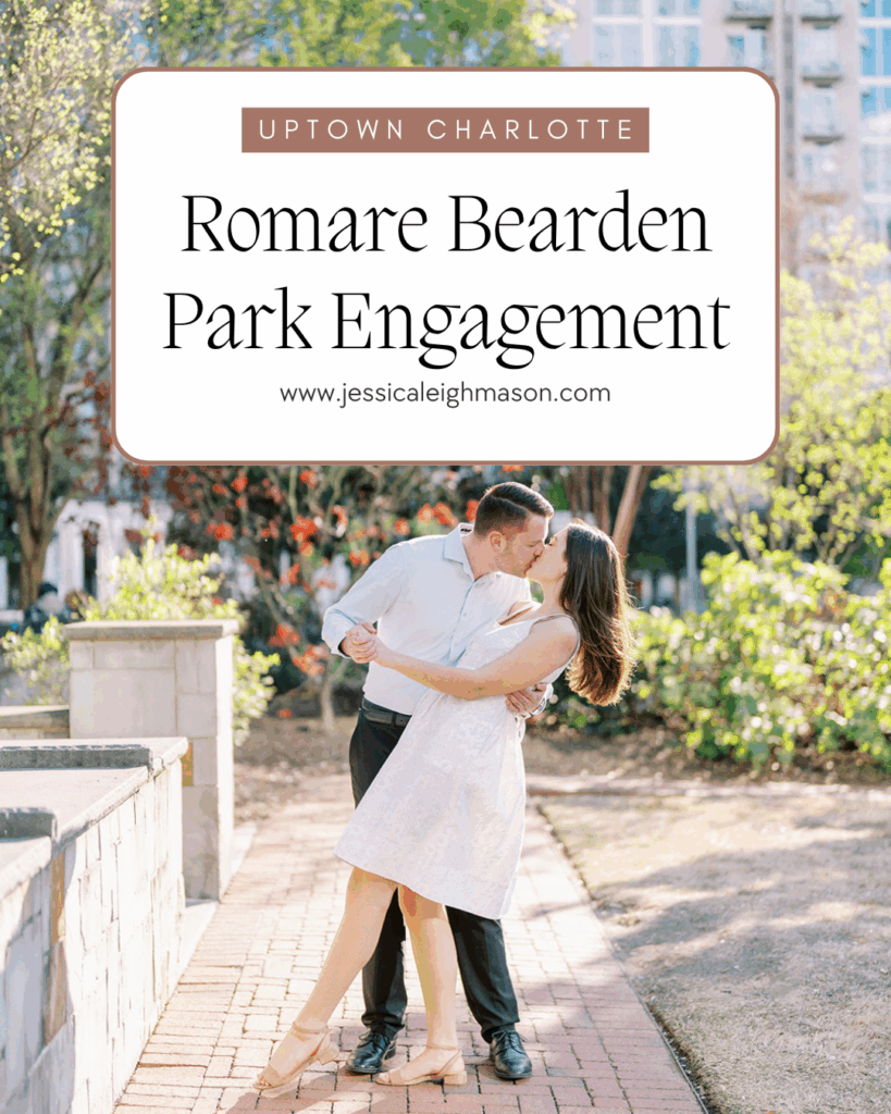 Romantic engagement session at Romare Bearden Park and uptown Charlotte, North Carolina featuring a couple laughing, holding hands, and enjoying springtime blooms