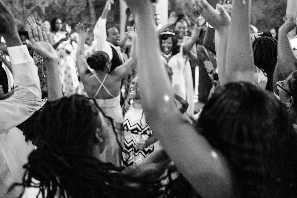 Happy wedding celebration with dancing at The River Lodge in North Carolina