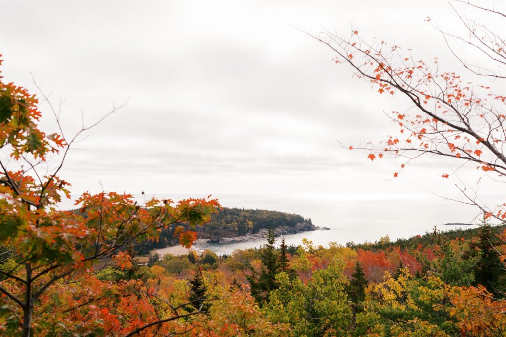 Stunning views from the top of the Beehive Trail looking out over Sand Beach and the Atlantic coast in Acadia Maine
