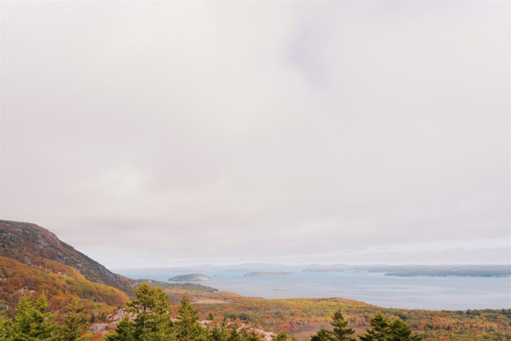 Sweeping landscape of rolling fall color across the hills of Acadia Maine
