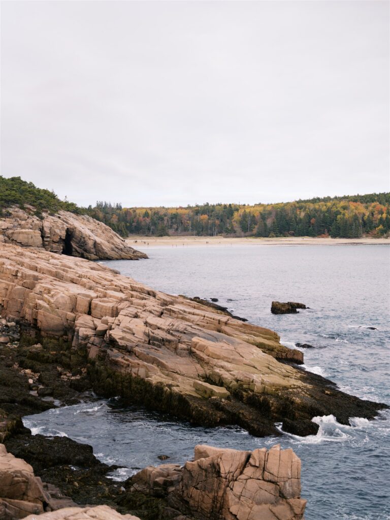 Rugged rocky shoreline along the Park Loop Road in Acadia Maine
