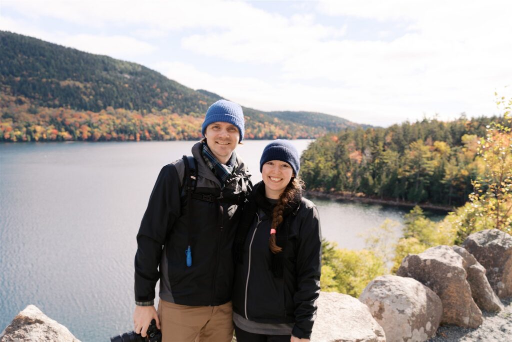 Selfie in front of Eagle Lake on a beautiful fall day in Acadia Maine
