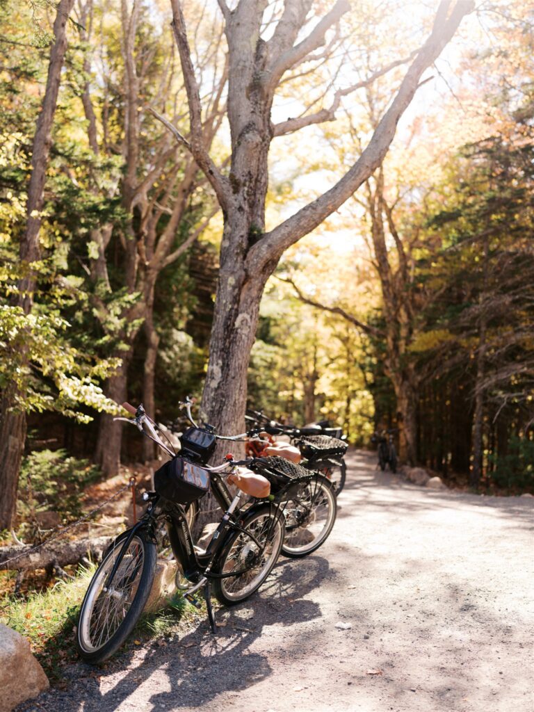 Electric bikes parked outside Jordan Pond House in Acadia National Park
