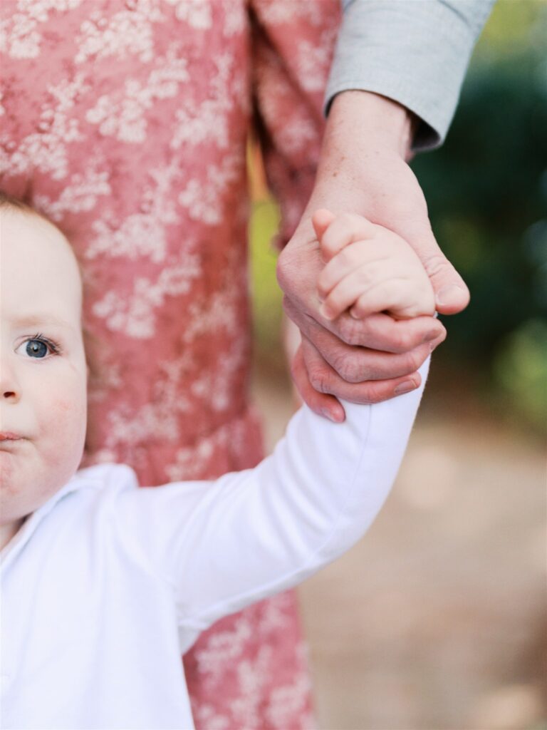 Close up detail of parent and toddler holding hands at WRAL Azalea Gardens Raleigh NC during spring family session