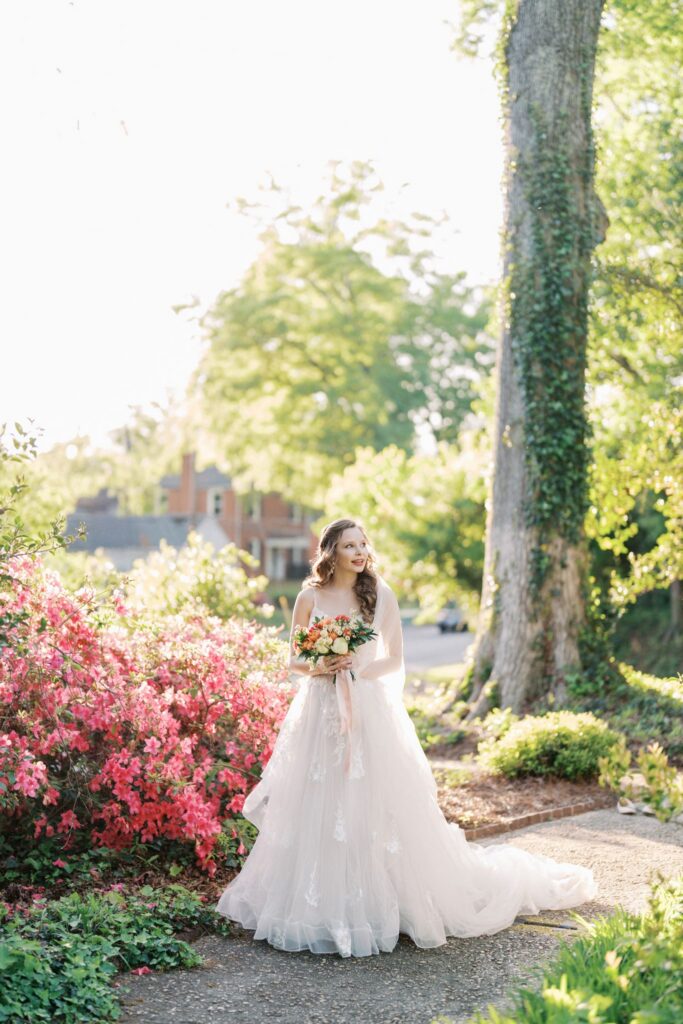 Bride surrounded by vibrant pink azaleas during a Glencairn Garden bridal portrait session in Rock Hill, SC