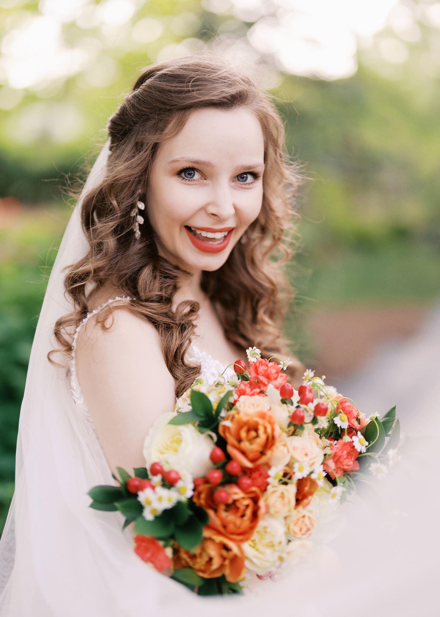Close-up bridal portrait on a forest garden path during a Glencairn Garden bridal portrait session