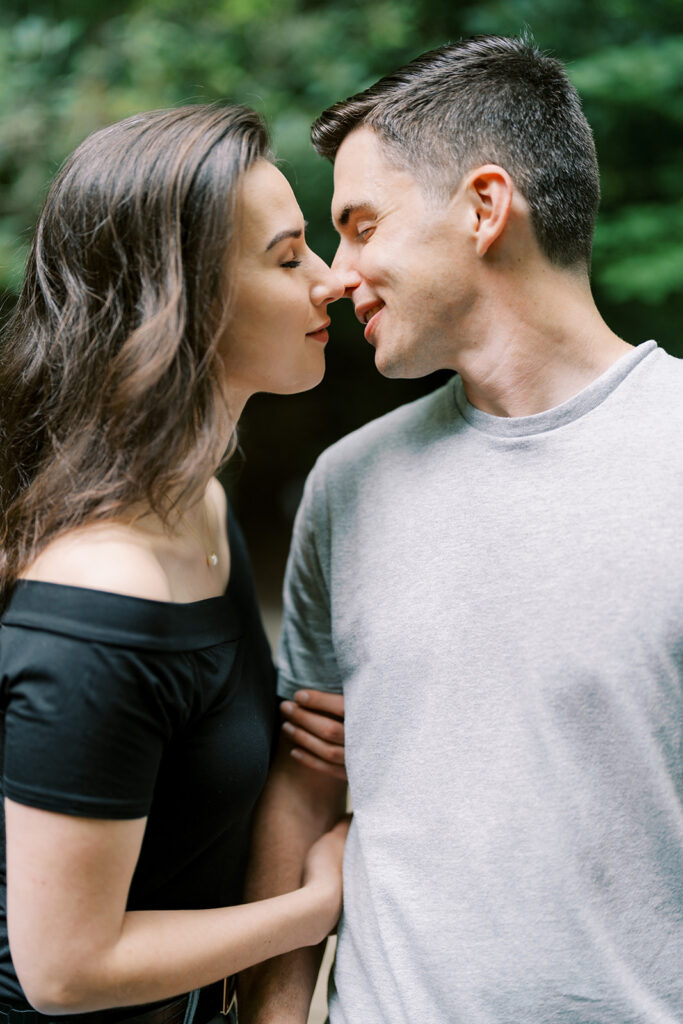 Close-up of an engaged couple in the moment before a kiss at their Blue Ridge Parkway engagement session near Boone, NC