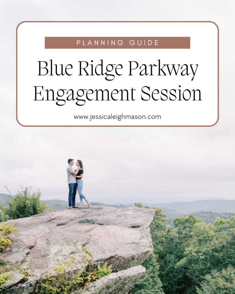 Engaged couple on a cliff with mountain views on the Blue Ridge Parkway in North Carolina, cover image for a guide to Blue Ridge Parkway engagement photos